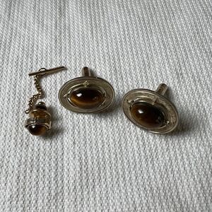 Vintage Tiger's Eye Cuff Links with Tie Tack